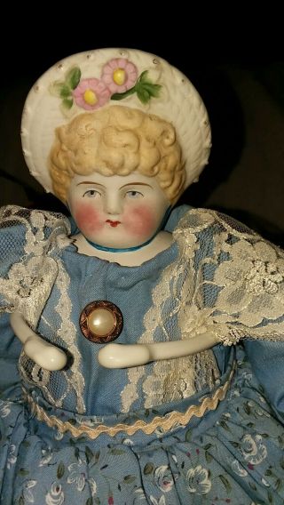 Antique 14 1/2 Inch Bonnet Head Doll In Vintage Blue.