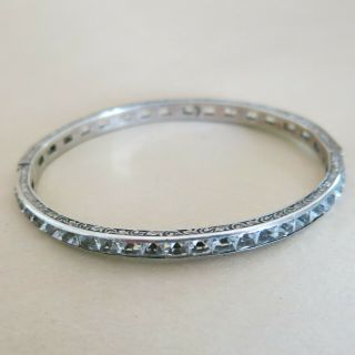 Art Deco Sterling Silver Hinged Bangle Bracelet With Simulates 14.  1g [4491]