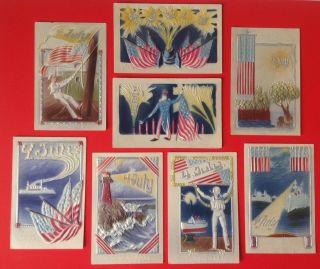 Vintage Embossed July Fourth Postcards - Set Of 8 - Silver Accents,  Muted Colors