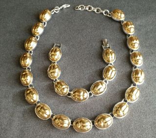 Vintage Signed Monet Scarab Egyptian Revival Necklace & Bracelet Set