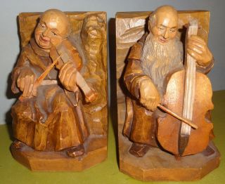 Pair Vintage Anri - Italy Hand Carved All Wood Monks Playing A Violin - Book Ends