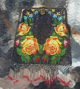 Antique Vtg Micro Beaded Rose Purse Evening Bag Handbag Jeweled Clasp Frame