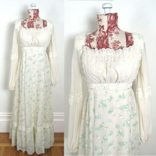 Vtg 70s Floral Lace Prairie Dress Maxi Hippie White Cream Green Gunne Sax Style