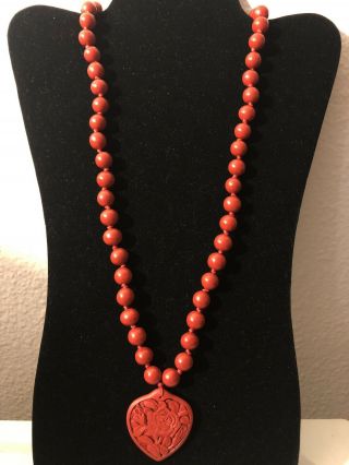Old Chinese Carved Flower Heart Cinnabar Bead 27.  5 " Necklace Jl 062019fbe
