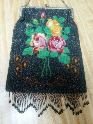 Large Antique Vtg Micro Beaded Rose Bouquet Floral Purse Evening Bag Handbag Old