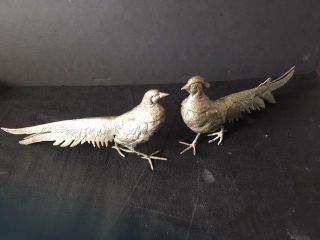 Vintage Silver Plated Cock & Hen Pheasant Figurines Menu Card Holders 12 "