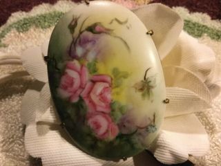 Vintage Lg Signed,  Dated 1963 Hand Painted On Porcelain Pin/brooch W Pink Roses
