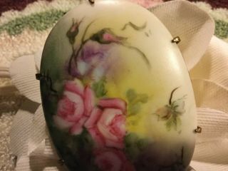vintage lg signed,  dated 1963 hand painted on porcelain pin/brooch w pink roses 3