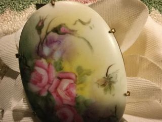 vintage lg signed,  dated 1963 hand painted on porcelain pin/brooch w pink roses 5