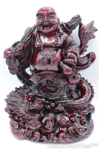 12 " Vintage Redwood Look Feng Shui Happy Laughing Buddha W Money Bag On Dragon