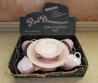 Pink Swirl Fire King Anchor Glass Vintage Set Of 4 Cups/saucers/plates W/box