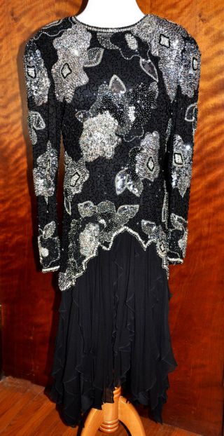 Black Vintage Bill Blass Black Tie Beaded Sequin Handkerchief Hem Cocktail Dress