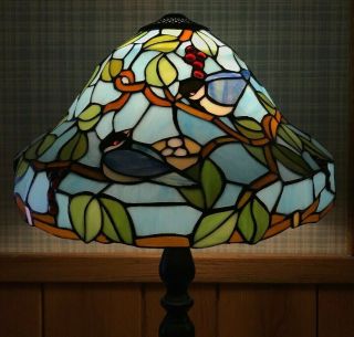 Vtg Tiffany Style Stained Glass Lamp Shade Blue Birds & Red Jeweled Fruit 15 " X9 "