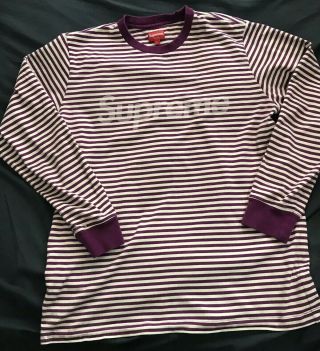 Rare Supreme Striped Logo L/s F/w 2015 Plum Purple Long Sleeve Size L T - Shirt