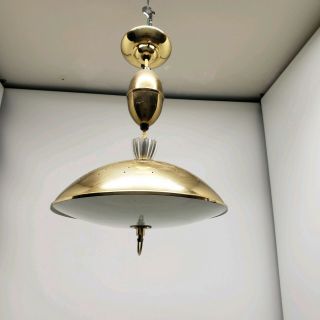Vintage Mid Century Modern Atomic Pull Down Saucer Pendant Light Gold Brass Ufo