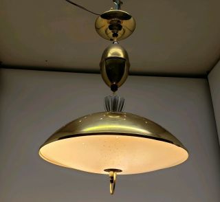 Vintage Mid Century Modern Atomic Pull Down Saucer Pendant Light gold Brass UFO 2