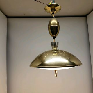 Vintage Mid Century Modern Atomic Pull Down Saucer Pendant Light gold Brass UFO 4