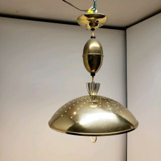 Vintage Mid Century Modern Atomic Pull Down Saucer Pendant Light gold Brass UFO 6