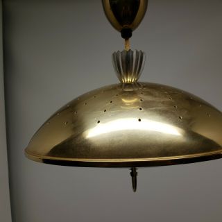 Vintage Mid Century Modern Atomic Pull Down Saucer Pendant Light gold Brass UFO 7