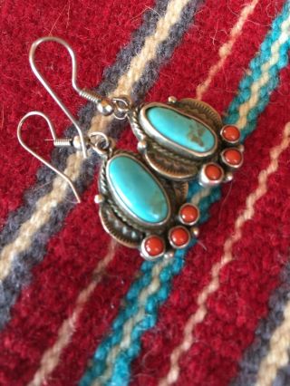 Vintage Navajo Sterling Silver 925 Turquoise And Red Coral Earrings.