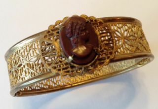 Vintage Art Deco Brown Cameo Filigree Hinged Bracelet