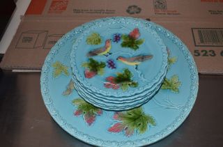 Vintage German Majolica Zell Birds & Grape Leaves Plate Set Rare Find