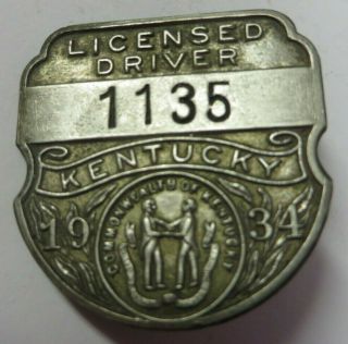 Vintage 1934 State Of Kentucky Registered Chauffeur Badge No.  1135 Driver Pin Ky