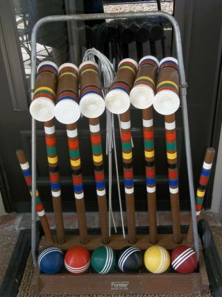 Vintage Forster Deluxe " Skowhegan " Croquet Set 6 Player With Rolling Lawn Rack