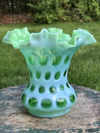 Vintage Fenton Blue Opalescent Green Coin Dot Spot Ruffled Vase Art Glass 6 "