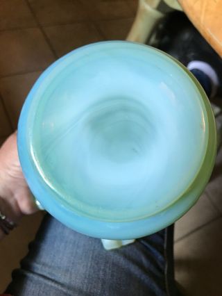 VINTAGE FENTON BLUE OPALESCENT GREEN COIN DOT SPOT RUFFLED VASE ART GLASS 6 