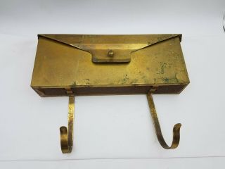 Vintage Patina Brass Horizontal Wall Mount Mailbox Mail Box W/ Paper Holder Hook