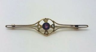 Antique Victorian 9ct Gold Bar Brooch Pin Amethyst & Seed Pearl