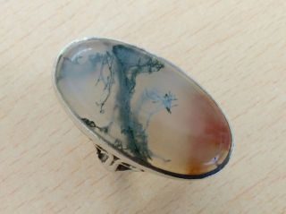 Vintage Sterling Silver & Moss Agate Statement Ring Size M 1976