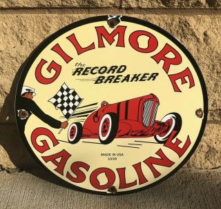 Vintage Gilmore Gasoline Porcelain Sign Gas Station Pump Plate Motor Oil Record