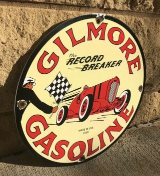 VINTAGE GILMORE GASOLINE PORCELAIN SIGN GAS STATION PUMP PLATE MOTOR OIL RECORD 2