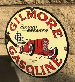 VINTAGE GILMORE GASOLINE PORCELAIN SIGN GAS STATION PUMP PLATE MOTOR OIL RECORD 3