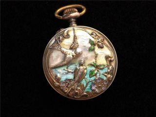 Antique Art Nouveau Argent Dore Pocket Watch W/ Birds,  800 Silver & Enamel