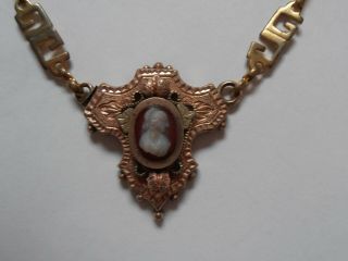 Antique Victorian Rose Gold Cameo Necklace,  Greek Key Pattern