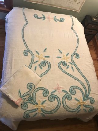 Vtg Set Of 2 Chenille Bedspread White Background Multi Color Floral Twin 78x100