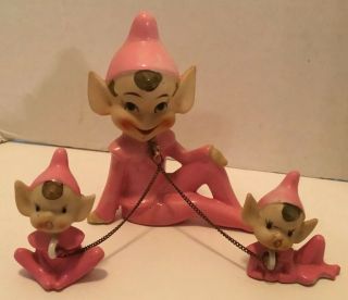 Vintage Pink Elf Pixie Mom & Babies 3 Elves Pixie Figurines On Chain Japan Rare