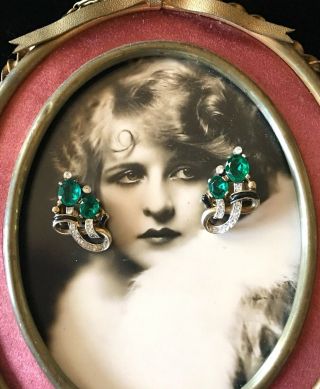 Vintage Crown Trifari Alfred Philippe Emerald Green Rhinestones Enamel Earrings