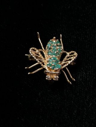 Vintage 14k Gold And Emerald Fly Pin Brooch 2.  6 Grams