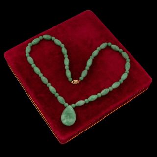Antique Vintage Art Deco Mid Century 14k Gold Chinese Chrysoprase Bead Necklace