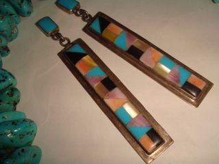 Vtg.  Old Pawn Zuni 2 3/4 " Sterling Silver Turquoise Multi Stone Inlaid Earrings