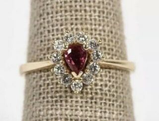 14k Gold Vintage Ring Pear Cut Ruby And Round Diamonds Size 7.  5.  Estate