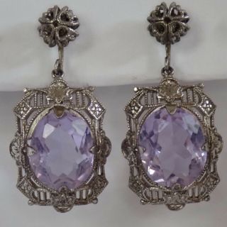 Antique Art Deco Sterling Silver Filigree Alexandrite Glass Rhinestone Earrings