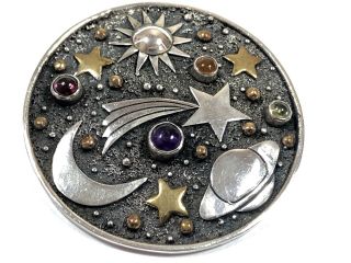 Vtg Ladies Sterling Silver Space Themed Pendant Pin Stars Planet Sun