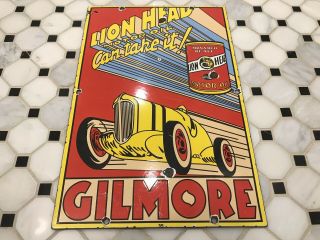 Vintage Gilmore Lion Head Motr Oil Porcelain Sign Gas Station Pump Plate Indy