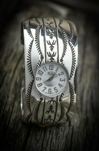 Vintage Watch Bracelet Navajo Signed " K&m Bill " Sterling Silver Cuff