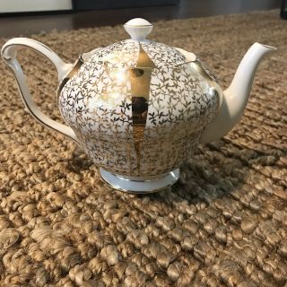 Vintage English Teapot,  Queen Anne Gold Lace Fine Bone China 6 Cup Rare